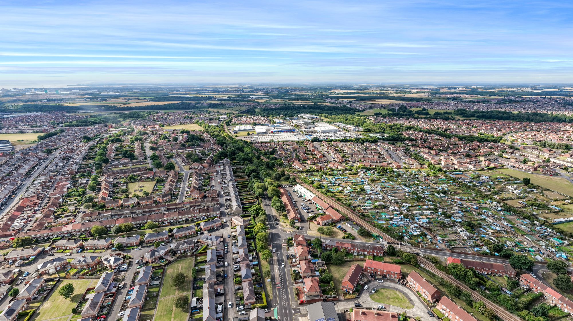 Wide aerial view across Ashington