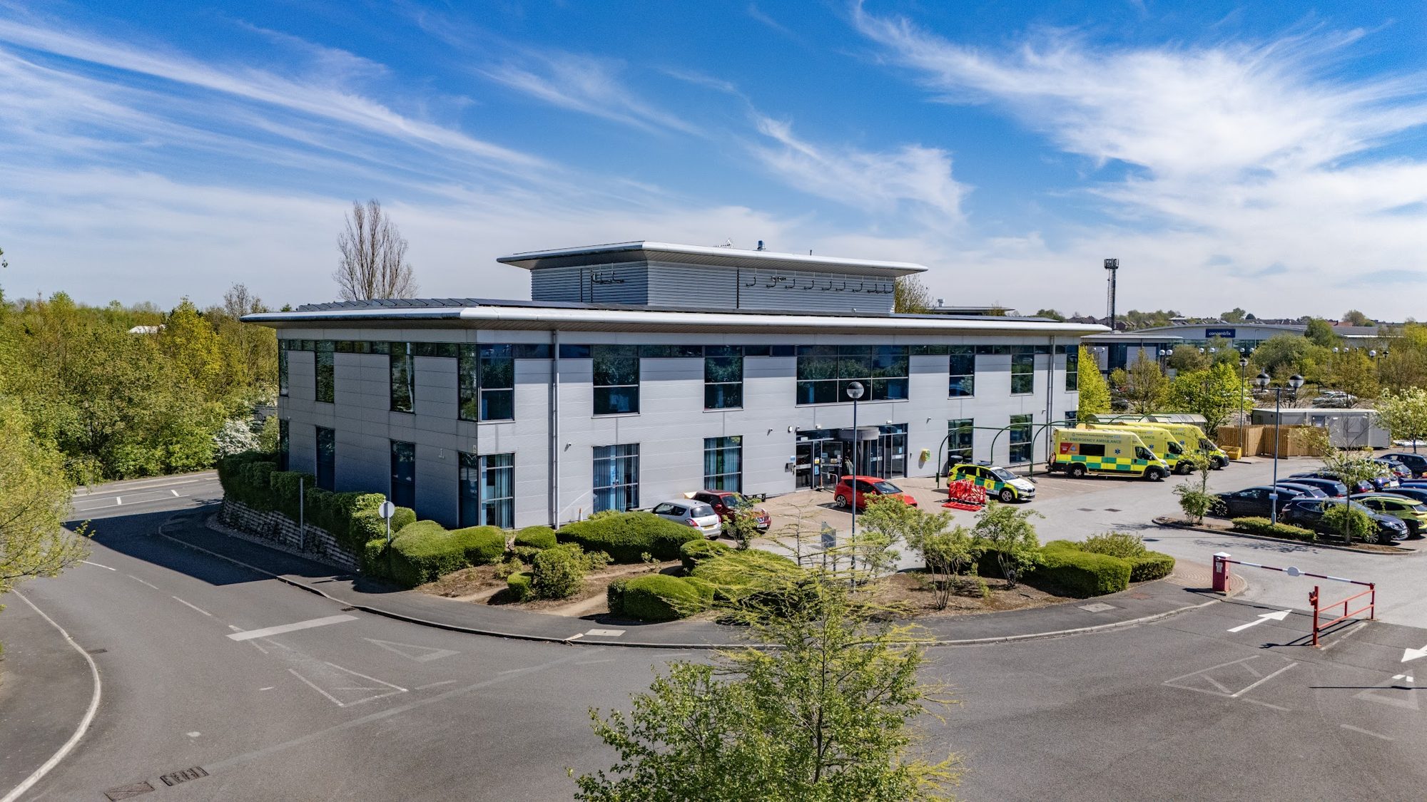 Two-storey office pavilion at Callflex Business Park on a sunny day