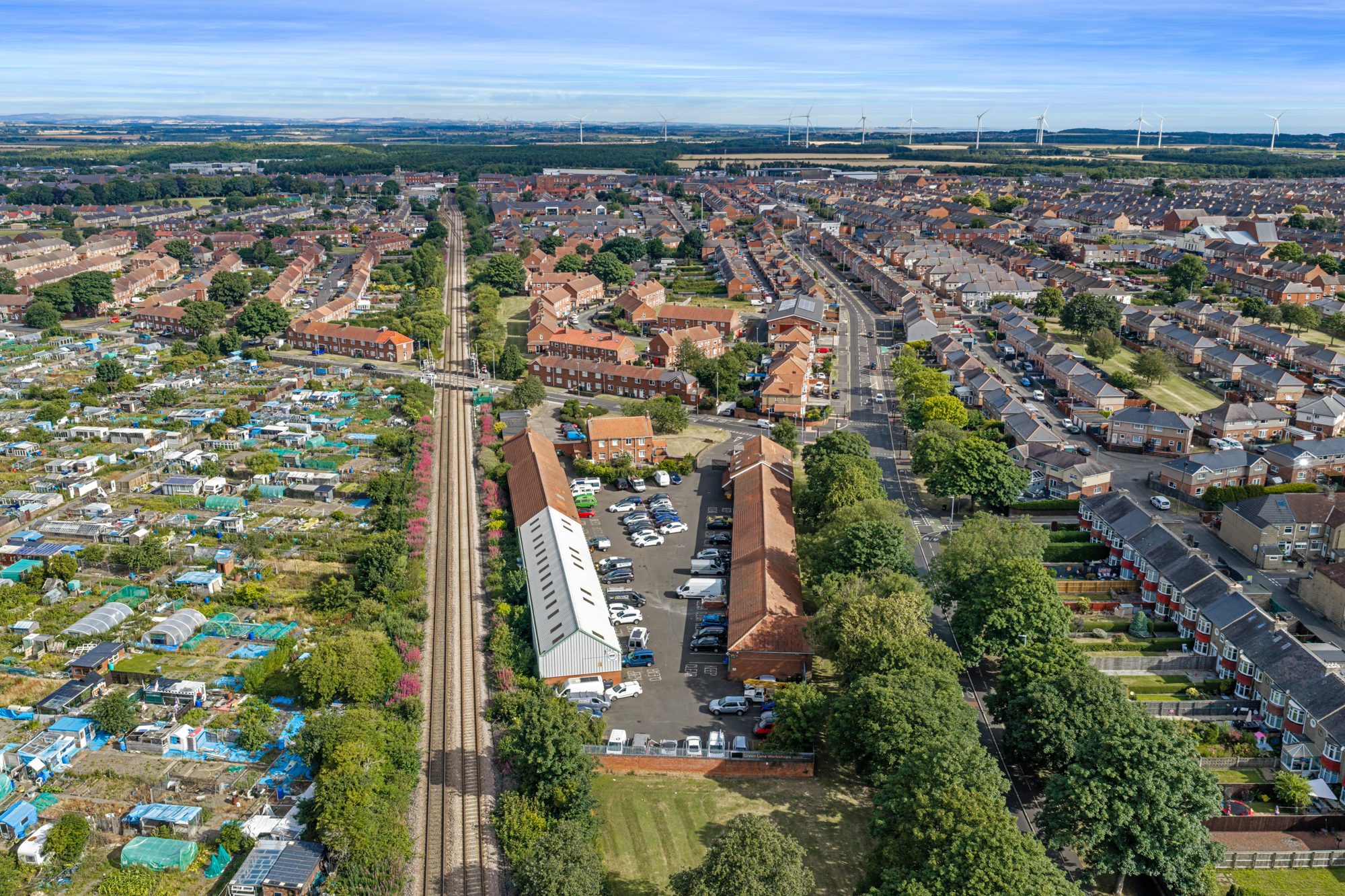 Aerial view of the Green Lane estate beside the railway in Ashington